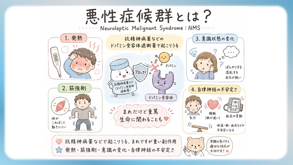 抗精神病薬の受容体プロファイル表の読みかた、副作用として試験頻出の悪性症候群を詳しく説明したブログ記事用のイラストです。この記事では、Ki値や内活性の意味から、SDA・MARTA・DSSの分類を数字で見抜く国試テクニックまで分かりやすく解説！Dr.しろねことこはくと一緒に、丸暗記を卒業して「薬の性格」をマスターしましょう。