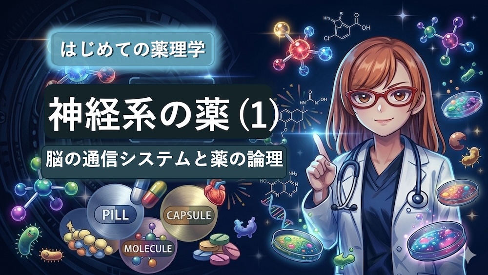 この図は、私たちの「心と体」を支配する脳内の情報伝達メカニズムを可視化したものです。神経細胞同士のわずかな隙間（シナプス）で行われるメッセージ交換の様子と、そこに「薬」がどう介入し、スイッチを切り替えるのかを論理的に示しています。 単なる暗記ではなく、受容体結合の「物理的・生化学的ロジック」を理解することで、薬理学の深淵が見えてきます。この本質的な理解こそが、臨床での適切な判断や試験対策の最短ルートとなり、医療者としての揺るぎない専門性を築く礎となります。